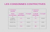 LES CONSONNES CONTRICTIVES Consonnes sourdes Consonnes sonores Point darticulatio n Symbole phonétique ExempleSymbole phonétiqu e Exemple LABIO- DENTAL.