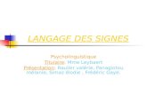 LANGAGE DES SIGNES Psycholinguistique Titulaire: Mme Leybaert Présentation: Raulier valérie, Panagiotou mélanie, Simaz élodie, Frédéric Gaye.