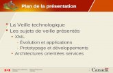 1 Plan de la présentation La Veille technologique Les sujets de veille présentés XML -Évolution et applications -Prototypage et développements Architectures.