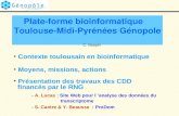 Plate-forme bioinformatique Toulouse-Midi-Pyrénées Génopole C. Gaspin Contexte toulousain en bioinformatique Moyens, missions, actions Présentation des.