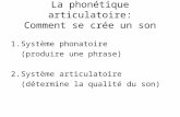 La phonétique articulatoire: Comment se crée un son 1.Système phonatoire (produire une phrase) 2.Système articulatoire (détermine la qualité du son)