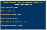 Déclaration des Liens dIntérêts de 2009 à 2013 Meryl DARLINGTON Communication : Néant Recherche/Etudes : Néant Déplacements/Congrès : Néant Conseil/Consulting.