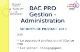 BAC PRO Gestion - Administration GROUPES DE PILOTAGE 2013 Janvier 2013 A. DURUPT B. GOSSART PLAN Le passeport professionnel (Cerise Pro) Les scénarii pédagogiques.