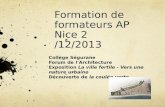 Formation de formateurs AP Nice 2 /12/2013 Collège Ségurane Forum de lArchitecture Exposition La ville fertile - Vers une nature urbaine Découverte de.