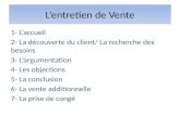 Lentretien de Vente 1- Laccueil 2- La découverte du client/ La recherche des besoins 3- Largumentation 4- Les objections 5- La conclusion 6- La vente additionnelle.