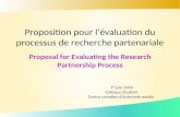Proposition pour lévaluation du processus de recherche partenariale Proposal for Evaluating the Research Partnership Process 1 er juin 2010 Colloque étudiant.