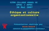 1 9IÈME COLLOQUE ANNUEL DE EPAC / APEC 30 Mai 2007 Éthique et culture organisationnelle Présentation réalisée par Renée Voisard SERVICES DE RÉADAPTATION.