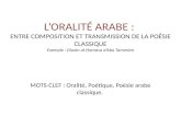LORALITÉ ARABE : ENTRE COMPOSITION ET TRANSMISSION DE LA POÉSIE CLASSIQUE Exemple : Dīwān al-amāsa dAbū Tammām MOTS-CLEF : Oralité, Poétique, Poésie arabe.