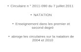 Circulaire n ° 2011-090 du 7 juillet 2011 NATATION Enseignement dans les premier et second degré abroge les circulaires sur la natation de 2004 et 2010.