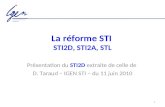 1 La réforme STI STI2D, STI2A, STL Présentation du STI2D extraite de celle de D. Taraud – IGEN STI – du 11 juin 2010.
