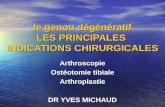 Le genou dégénératif LES PRINCIPALES INDICATIONS CHIRURGICALES Arthroscopie Ostéotomie tibiale Arthroplastie DR YVES MICHAUD.