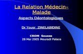 La Relation Médecin–Malade Aspects Déontologiques Dr Yousr ZINELABIDINE CROM Sousse 28 Mai 2005 Mouradi Palace.