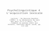 Psycholinguistique 4 Lacquisition lexicale Lecture : De Boysson-Bardies (1996): A la découverte du sens des mots (9 à 17 mois). In : Comment la parole.