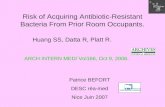 Risk of Acquiring Antibiotic-Resistant Bacteria From Prior Room Occupants. Huang SS, Datta R, Platt R. Patrice BEFORT DESC réa-med Nice Juin 2007 ARCH.