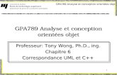 GPA789 Analyse et conception orientées objet 1 Professeur: Tony Wong, Ph.D., ing. Chapitre 6 Correspondance UML et C++