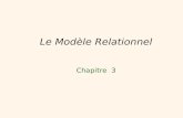 1 Le Modèle Relationnel Chapitre 3. 2 Objectifs Représenter les données en utilisant le modèle relationnel Exprimer les contraintes dintégrité sur les.