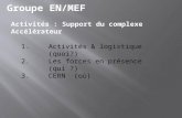 Groupe EN/MEF 1.Activités & logistique (quoi?) 2.Les forces en présence (qui ?) 3.CERN (où) Activités : Support du complexe Accélérateur.