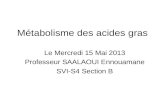 Métabolisme des acides gras Le Mercredi 15 Mai 2013 Professeur SAALAOUI Ennouamane SVI-S4 Section B.