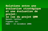 Relations entre une évaluation stratégique et une évaluation de projet: le cas du projet QMM Benoit Taillon Pigamon Inc. AQEI – 15 novembre 2006.