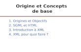 Origine et Concepts de base 1. Origines et Objectifs 2. SGML et HTML 3. Introduction à XML 4. XML pour quoi faire ?
