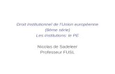 Droit institutionnel de lUnion européenne (8ème série) Les institutions: le PE Nicolas de Sadeleer Professeur FUSL.