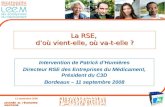 11 septembre 2008 1 La RSE, d’où vient-elle, où va-t-elle ? Intervention de Patrick d’Humières Directeur RSE des Entreprises du Médicament, Président du.