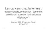 Les cancers chez la femme : épidémiologie, prévention, comment améliorer l’accès et l’adhésion au dépistage ? Journée DES SP Amiens-Rouen 25/06/2012 21/08/20141.