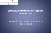 CONSEIL D’ADMINISTRATION DU 14 AVRIL 2011 RAPPORT DE L’EXERCICE CLOS LE 31/12/2010.