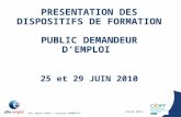 Pôle emploi Rhône – Brigitte FROMENTIN PRESENTATION DES DISPOSITIFS DE FORMATION PUBLIC DEMANDEUR D’EMPLOI 25 et 29 JUIN 2010 Céline FOULC.
