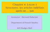 Chapitre 4 Leçon 1 Structures: les articles indéfinis après ne… pas Instructor : Bernard Dubernet Department of French Studies 445 Hodges Hall.