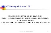 Cours VB 2007/2008 1 Chapitre 2 ELEMENTS DE BASE DU LANGAGE VISUAL BASIC: - SYNTAXE - STRUCTURES DE CONTROLE.