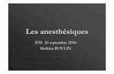 IFSI 20 septembre 2016 Mathieu BOULIN · L’anesthésie loco-régionale -N’entraîne pas de perte de conscience (abolition de la conduction nerveuse dans un territoire)-Entraîne