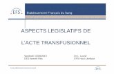 ASPECTS LEGISLATIFS DE L’ACTE TRANSFUSIONNEL · EVOLUTION DE LA LÉGISLATION TRANSFUSIONNELLE EN FRANCE Etc.… XXème siècle 1952, 1954 1993 1998 2002 2003 2005 2006 Principaux