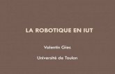 LA ROBOTIQUE EN IUT - Valentin GiesUn objectif : les compétitions de robotique Pourquoi participer ? Une aventure humaine. Formation d’une équipe soudée (6-10 étudiants environ).